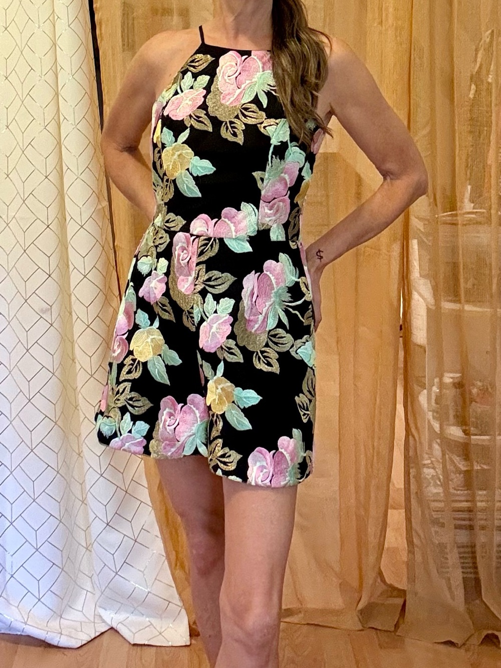 Dress the Population Black Halter Mini Dress with Pink & Mint Floral Embroidery